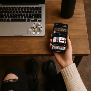 May include: A laptop, a black water bottle, and a smartphone rest on a wooden table. A sticker of a skull with floral accents is on the laptop. The smartphone displays an e-commerce app. The person is wearing black jeans and boots.