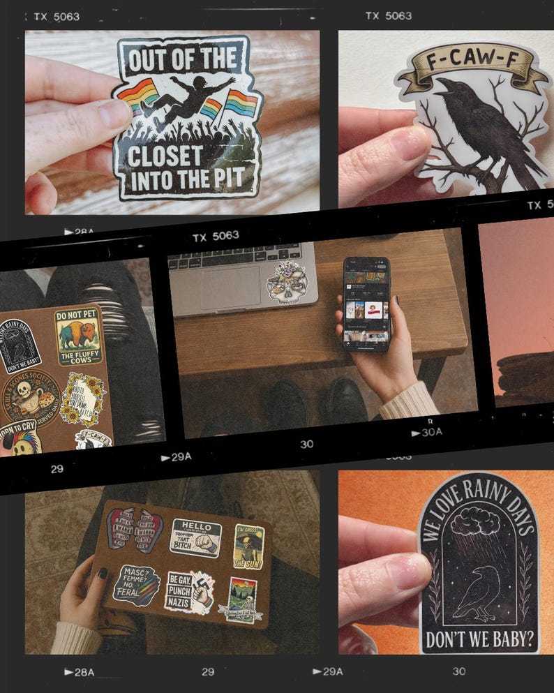 May include: A collection of stickers with various designs and text. One sticker reads "OUT OF THE CLOSET INTO THE PIT" with rainbow flags. Another says "F-CAW-F" with a raven. Other stickers include phrases like "DO NOT PET" and "WE LOVE RAINY DAYS."