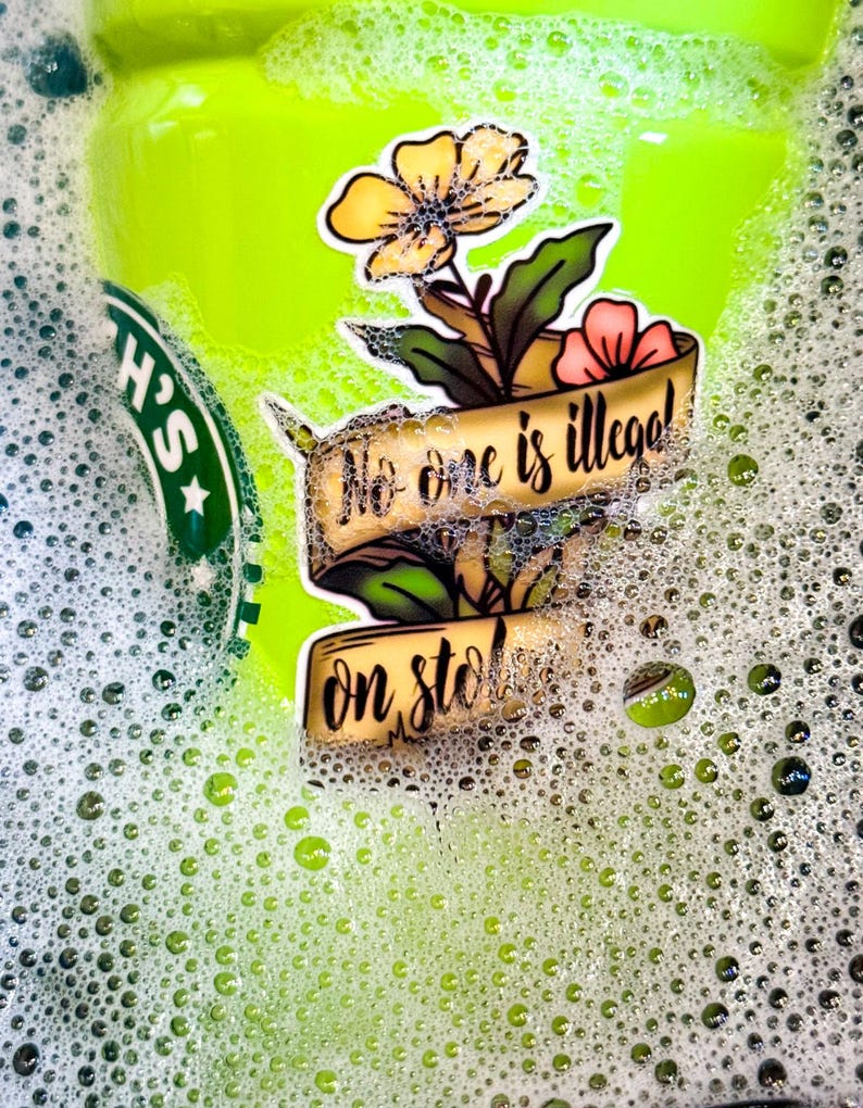 May include: A sticker with a floral design and the text "No one is illegal!" and "on stolen land" on a banner. The sticker features a yellow flower, pink flower, and green leaves. The sticker is on a green surface with bubbles.