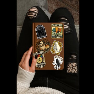 May include: A brown journal covered in stickers, including phrases like "We Love Rainy Days," "Do Not Pet," and "Forced to Slay." The journal is held by a person wearing a white sweater and black ripped jeans.