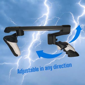 May include: A black and white VR controller mount with adjustable arms. The mount is designed to hold a VR controller in any direction. "Adjustable in any direction" is written in white text on a black background.