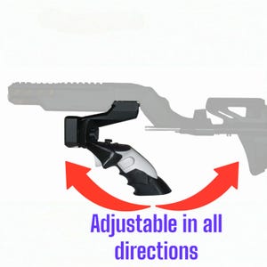 May include: A black and white adjustable phone mount for a smartphone. The mount is attached to a black and gray gun-shaped device. The mount can be adjusted in all directions. "Adjustable in all directions" is written in purple text below the mount.