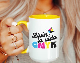 Graphic Design Coffee Mug - 11 or 15oz, Yellow or Black Accent | CMYK-themed Print Shop Humor