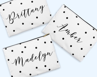 Custom Name Makeup Bag, Personalized Bachelorette Goodie Bag, Polka Dot Pattern Black and White Accessory Pouch, Make-up Bag, Pencil Case
