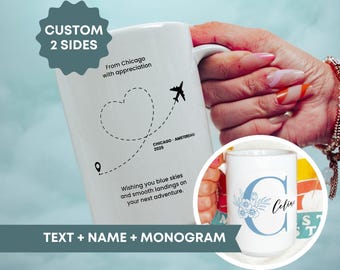 Personalized Ceramic Mug 11oz or 15oz, Custom Monogram, Relocation, Coworker Moving Gift, Team Friends Farewell, Travel Airplane Graphic Cup