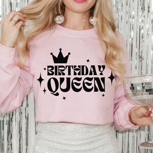 Birthday Queen Sweatshirt, Girl Birthday Squad Sweater, Women&#39;s Birthday, Crown, Sparkles, Retro Groovy Top, Pink and Black