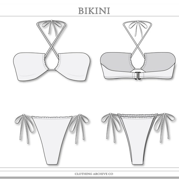 Brazilian Bikini Sketch  | Swimwear Vector Flat Fashion CAD Technical Drawings for Adobe Illustrator
