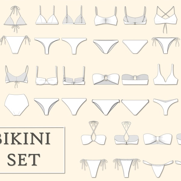 Bikini Swimsuit Set Bundle 10 styles - Vector Flat Fashion CAD Technical Drawings for Adobe Illustrator