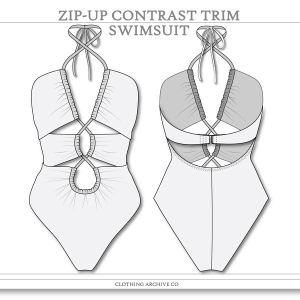 Cut-out V-neck Swimsuit Sketch | Swimwear Vector Flat Fashion CAD Technical Drawings for Adobe Illustrator