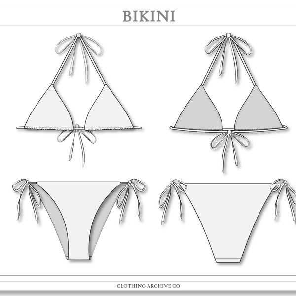 Croquis de bikini triangulaire | Dessins techniques CAO vectoriels plats pour maillots de bain pour Adobe Illustrator