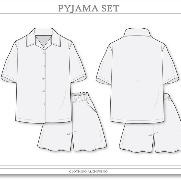 Pyjama Set Short Sleeve Top & Short| Fashion CAD Technical Drawings Vector Flat for Adobe Illustrator