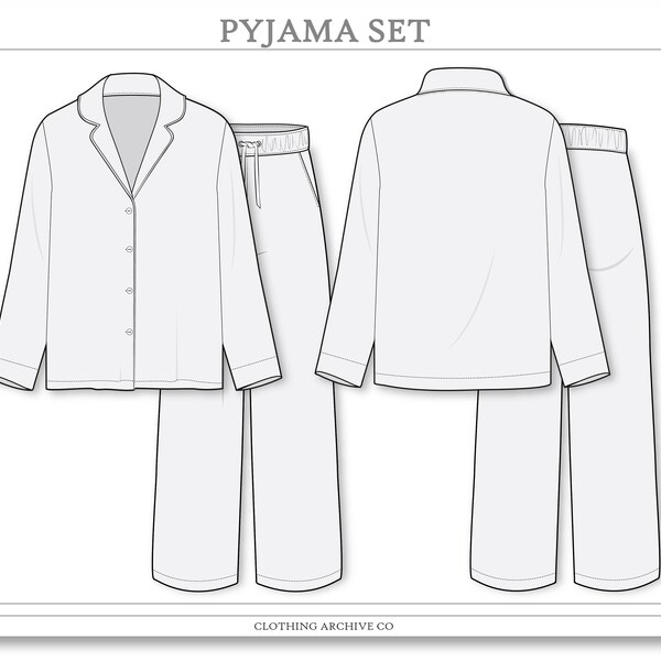 Pyjama Set - Long Sleeve Top & Pant | Fashion CAD Technical Drawings Vector Flat for Adobe Illustrator