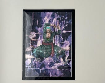 Puede incluir: Una pintura de diamantes enmarcada que representa a un personaje de anime vestido de verde blandiendo una espada, sobre un fondo morado y negro.