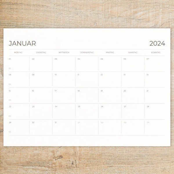 Printable Calendar 2024 Monthly Planner 2024 A4 A3 A2 A1 7 Formats Landscape Start Monday Minimalist to Download Digital PDF