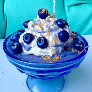 Blueberry cheesecake, handmade, hand-piped, soy wax, vegan, dessert candle.