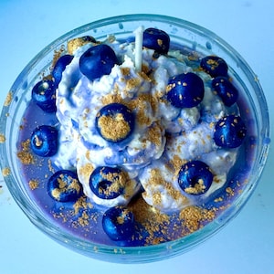 Blueberry cheesecake, handmade, hand-piped, soy wax, vegan, dessert candle.