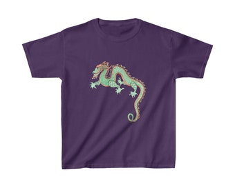 May include: Purple short-sleeved t-shirt with a green dragon graphic. The dragon is curled up with its tail in its mouth.