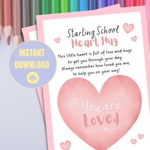 Primo giorno di SCUOLA Pocket HEART Gift Card stampabile per bambino che inizia la scuola / bambino ansioso, transizione / affermazione positiva, carta coccola