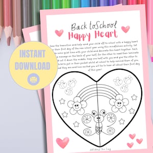 Back to School Activity Worksheet for an Anxious Child, Pocket Heart Hug, Transition Connection from Parent to Child, Student Anxiety WORRY