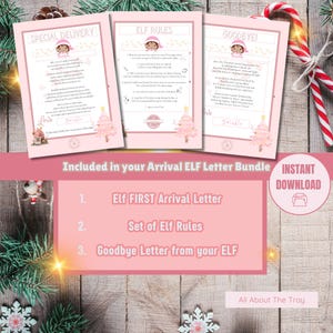 Carta de ELF de primera llegada, reglas de elfo de entrega especial y juego de cartas de despedida de tu ELF. PAQUETE de cartas navideñas rosas festivas para tu hijo