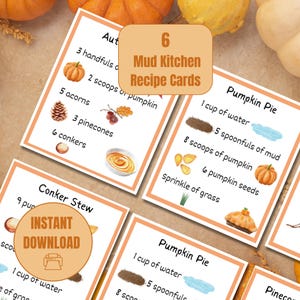 Tarjetas con recetas de cocina de barro, RECETAS de cafetería de juego de simulación de otoño para niños, juego sensorial DRAMÁTICO, MATERIALES IMPRIMIBLES