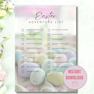 May include: A printable Easter adventure list with a checklist of activities to do, such as decorate Easter eggs, plant flowers, and visit a farm. The background image features pastel colored Easter eggs.