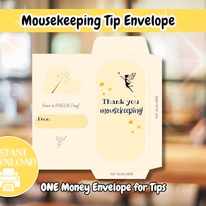 Puede incluir: Sobre imprimible con un diseño de hada y estrellas. El sobre dice "¡Gracias a la limpieza!" y "¡Que tengas un día mágico!" con un espacio para escribir "De:".