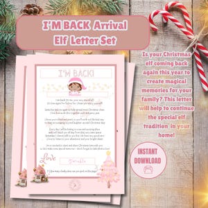Set de cartas de regreso de elfo. ¡He vuelto!, Reglas de elfo y ¡Adiós del elfo! Imprimibles navideños rosas, festivos y mágicos para niños.
