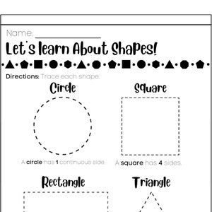 Może przedstawiać: Czarno-biała karta pracy z tytułem "Let's learn About Shapes!" i przerywanymi liniami do śledzenia koła, kwadratu, prostokąta i trójkąta. Karta pracy zawiera tekst "Directions: Trace each shape."