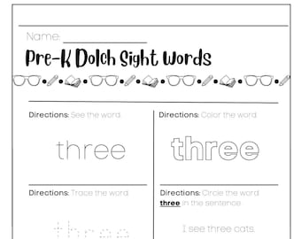 40 Pre-k Dolch Sight Word worksheets; pre-k curriculum, sight word practice, reading worksheets, early education, supplemental learning