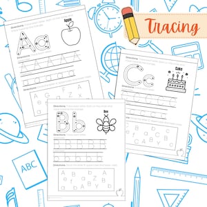 Pu&ograve; includere: Fogli di lavoro di tracciatura per le lettere A, B e C. Ogni foglio di lavoro presenta una lettera punteggiata da tracciare, linee di pratica e un'immagine di una mela, un'ape e una torta. I fogli di lavoro includono anche istruzioni per circondare le lettere maiuscole e minuscole.