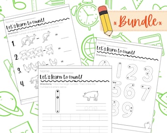 Early Educational Counting Worksheets Bundle, 0 to 9, Homeschooling counting numbers worksheets, Early Learning preschool counting practice