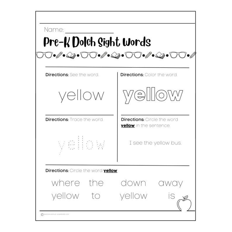 Pre-K Dolch Sight Word worksheets; pre-k curriculum, sight word practice, learn to read worksheets, early education, supplemental learning