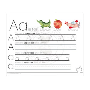 May include: A printable worksheet for learning the letter A. The worksheet features a large letter A, a picture of an alligator, an apple, and an aeroplane. The worksheet includes instructions to trace and write the uppercase and lowercase letter A six times.