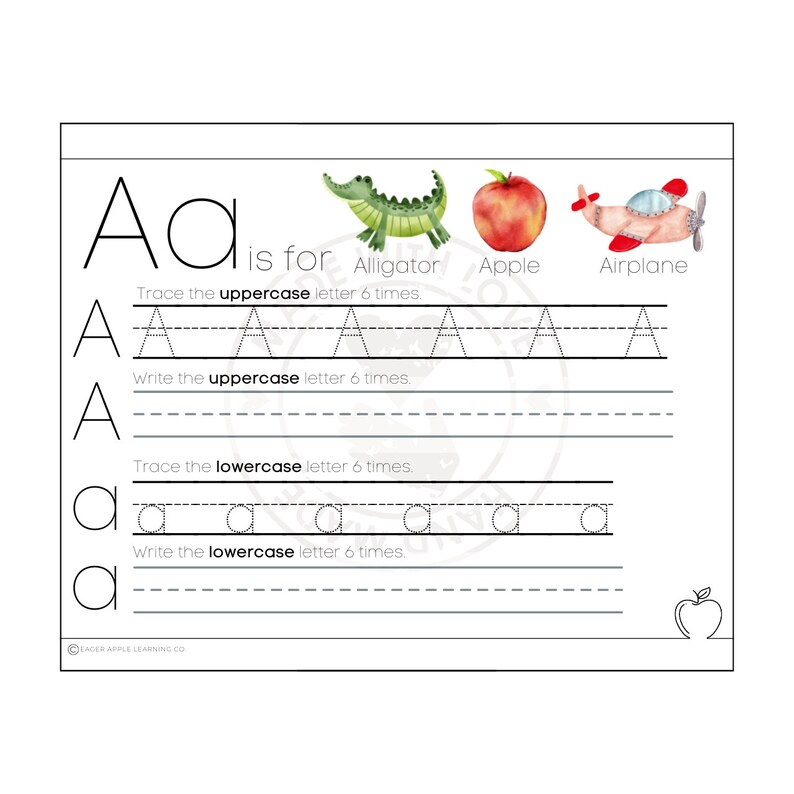 May include: A printable worksheet for learning the letter A. The worksheet features a large letter A, a picture of an alligator, an apple, and an aeroplane. The worksheet includes instructions to trace and write the uppercase and lowercase letter A six times.
