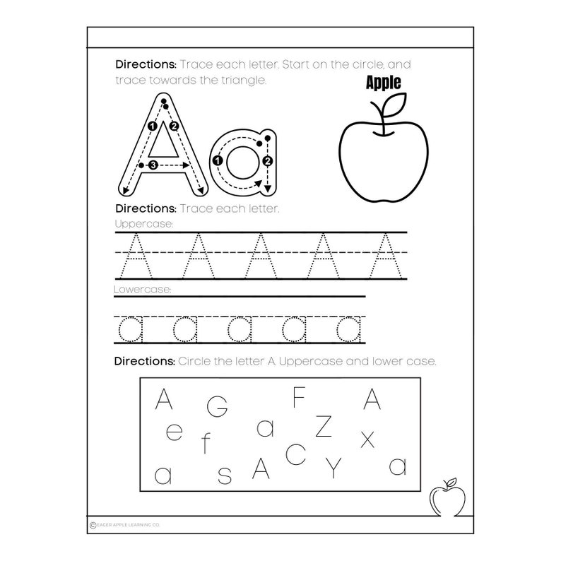 Pu&ograve; includere: Foglio di lavoro in bianco e nero per tracciare la lettera A. Il foglio di lavoro include lettere maiuscole e minuscole, oltre a un'immagine di una mela. Le istruzioni per il foglio di lavoro sono: Trace each letter. Start on the circle, and trace towards the triangle. Circle the letter A. Uppercase and lower case.