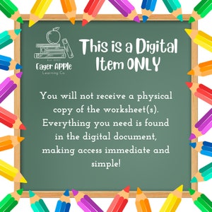 May include: A green chalkboard with the text "This is a Digital Item ONLY" and "Eager Apple Learning Co." Colorful pencils frame the board. The text states that the item is digital and no physical copy will be received.