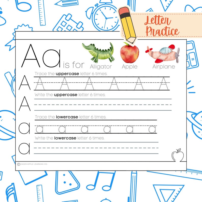 May include: A printable worksheet for letter practice featuring the letter A. The worksheet includes tracing and writing exercises for both uppercase and lowercase letters. The worksheet also includes illustrations of an alligator, apple, and aeroplane.