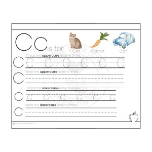 May include: A black and white worksheet for learning the letter C. The worksheet includes a large letter C, the words "is for", "cat", "carrot", and "car", and images of a cat, a carrot, and a car. The worksheet also includes lines for tracing and writing the uppercase and lowercase letter C.