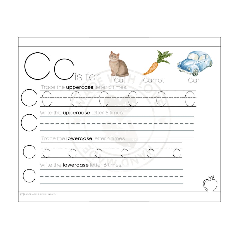 May include: A black and white worksheet for learning the letter C. The worksheet includes a large letter C, the words "is for", "cat", "carrot", and "car", and images of a cat, a carrot, and a car. The worksheet also includes lines for tracing and writing the uppercase and lowercase letter C.