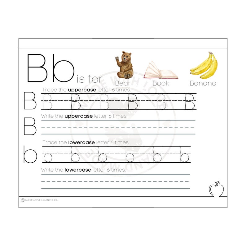 May include: A black and white printable worksheet for learning the letter B. The worksheet includes a picture of a bear, a book, and a banana. The words "Bear", "Book", and "Banana" are written below the pictures. The worksheet includes instructions to trace and write the uppercase and lowercase letter B six times.