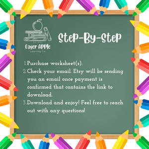 May include: A green chalkboard with a white wooden frame surrounded by colourful pencils. The chalkboard has the text "Step-By-Step" written in white. The text below explains how to purchase and download a worksheet. The text includes the name "Eager Apple Learning Co."