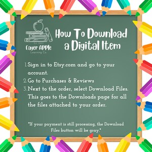 May include: A chalkboard-style graphic with the text "How To Download a Digital Item." The image includes instructions for downloading files from Etsy, with colorful pencils framing the edges. The Eager Apple Learning Co. logo is in the upper left corner.