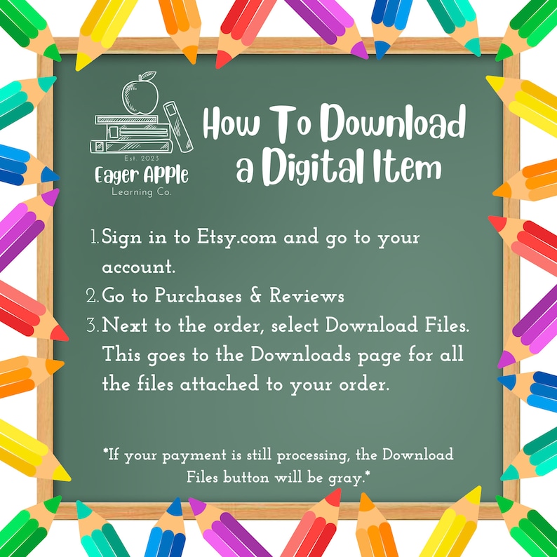 May include: A chalkboard-style graphic with the text "How To Download a Digital Item." The image includes instructions for downloading files from Etsy, with colorful pencils framing the edges. The Eager Apple Learning Co. logo is in the upper left corner.