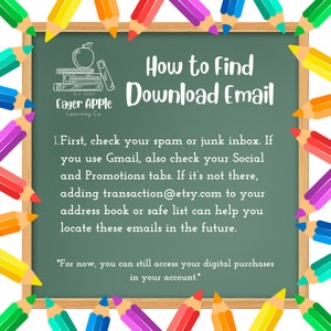 May include: A chalkboard-style graphic with the text "How to Find Download Email." The image includes instructions on finding Etsy download emails, with the Eager Apple Learning Co. logo in the corner. Colorful pencils frame the board.