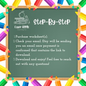 May include: A green chalkboard with the text "Step-By-Step" and instructions for downloading worksheets. The chalkboard is framed by colorful pencils. The Eager Apple Learning Co. logo is in the upper left corner.