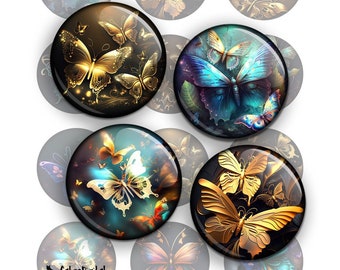 Fantasy Butterflies Printable Circle Images for Scrapbooking, Pendants, Cabochons, Bottle Caps Digital Collage Sheets