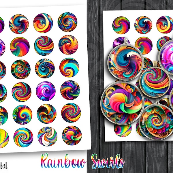 Rainbow Swirls Printable Circle Images for Jewelry making, Earrings, Pendants, Cuff links Digital Collage Sheets 10mm 12mm 14mm 16mm 18mm