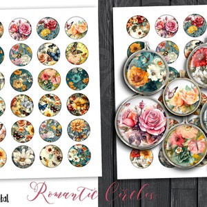 Digital Collage Sheets 10mm 12mm 14mm 16mm 18mm Romantic Circles for Earrings, Pendants, Cufflinks Floral Printable