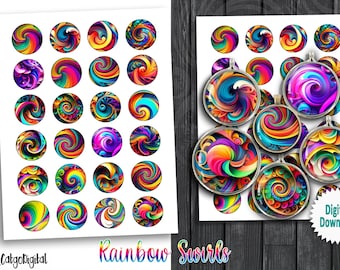 Regenbogen wirbelt druckbare Kreis Bilder für Schmuckherstellung, Ohrringe, Anhänger, Manschettenknöpfe Digitale Collage Sheets 10mm 12mm 14mm 16mm 18mm